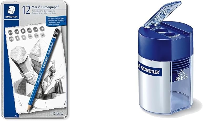 STAEDTLER Mars Lumograph Art Drawing Pencils (Graphite, 12 Pack in Metal Case) with Double Hole Pencil Sharpener