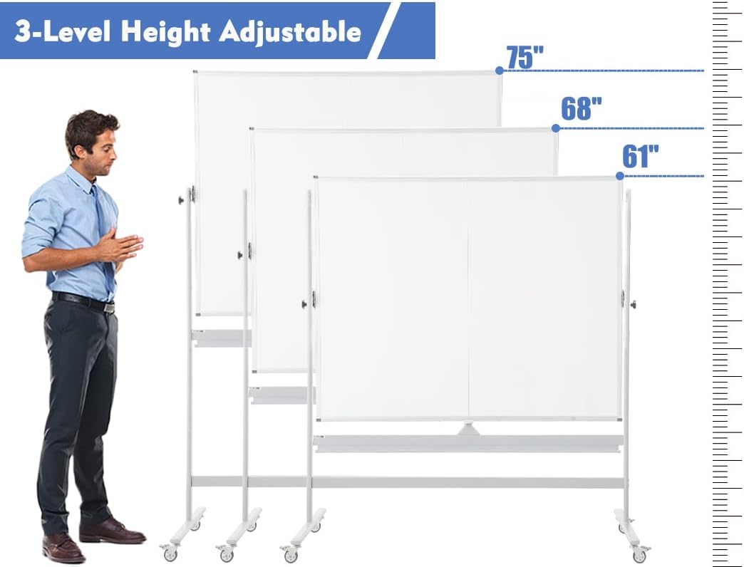 FORTUNO Large Magnetic Mobile Whiteboard 72"x40", Rolling Double Sided Stand Whiteboard on Wheels, Reversible Adjustable Height/Angle Dry Erase Board Easel White Board for Office Classroom