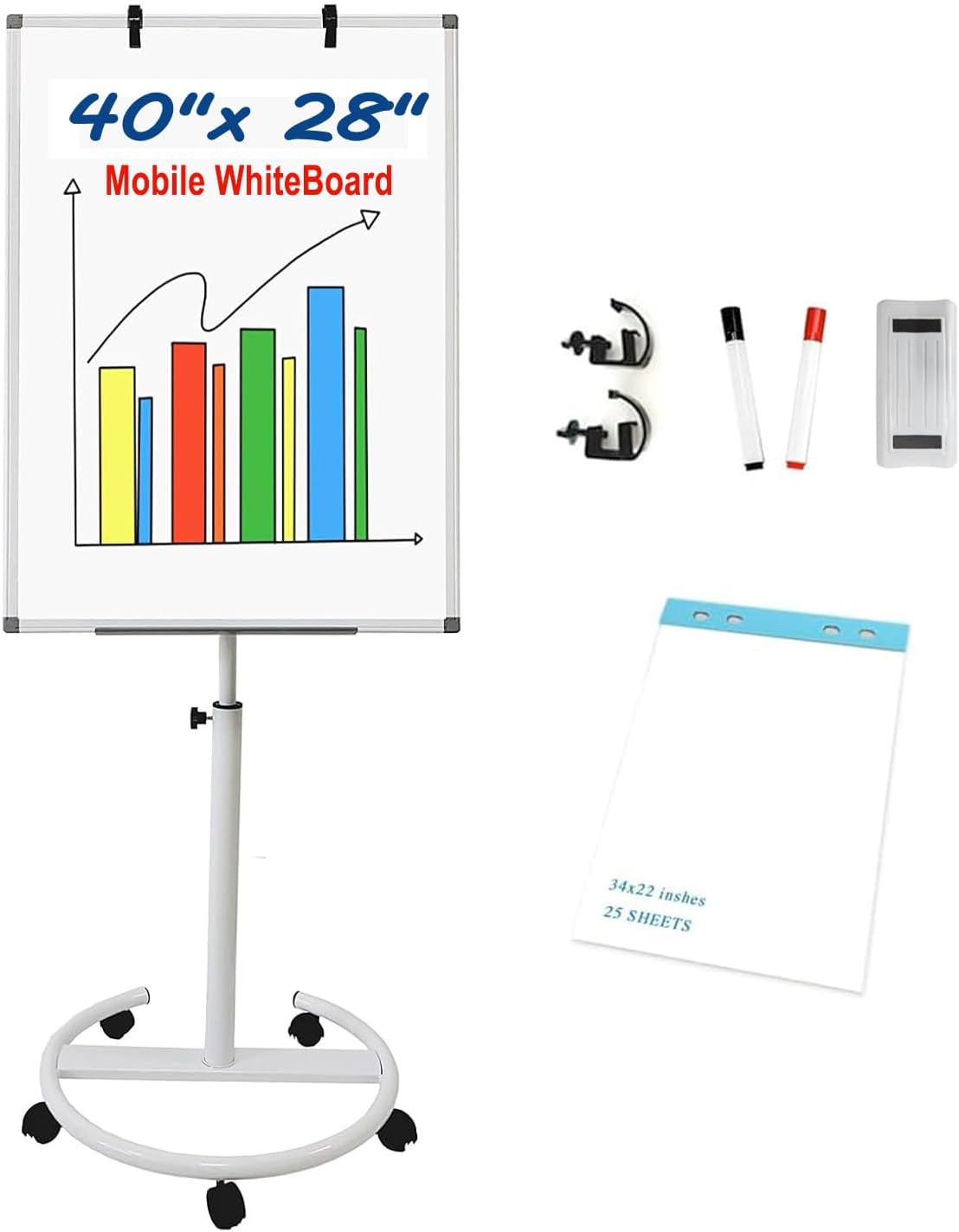 Mobile Easel Whiteboard 40x28 Inches – Adjustable Height Rolling Whiteboard on Wheels, Magnetic Portable Dry Erase Board Stand Easel White Board Flipchart Easel Board with Paper Pad