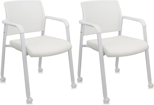 CLATINA Stacking Office Chairs | Mesh Back, Thicken Leather Seat and Arms, Ergonomic Lumber Support | Guest Reception, Waiting, Conference, School, Party, Customer, Side, Stationary | Set of 2, White