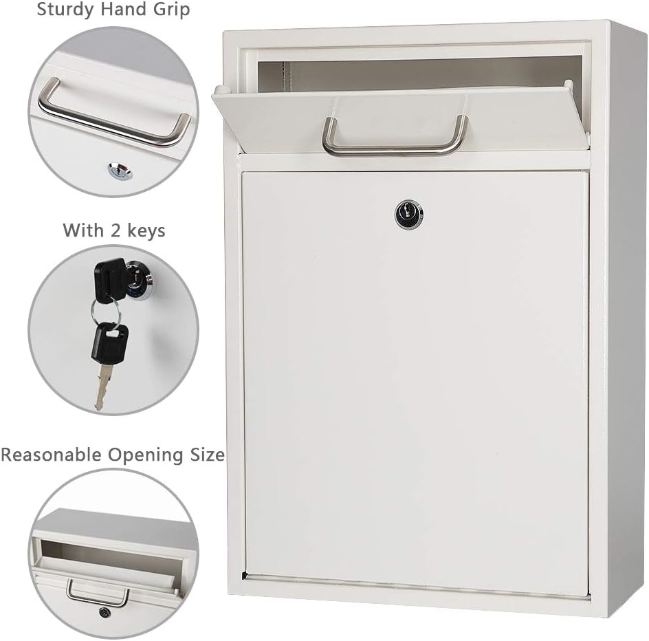KYODOLED Steel Key Lock Mail Boxes Outdoor, Locking Wall Mount Mailbox, Security Key Drop Box, Collection Boxes,16.2H x 11.22L x 4.72W Inches, White X Large