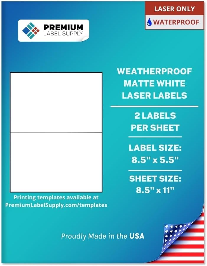 Premium Label Supply Waterproof Matte White Shipping Labels – 8.5" x 5.5" – Laser Printers Only – (2 per Sheet), 10 Sheets - 20 Total Adhesive Labels