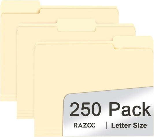 File Folder, RAZCC 250 Pack 1/3 Cut Tab File Folders Letter Size, Manila Folders, Folders with Tab, Great for Organizing and Easy File Storage