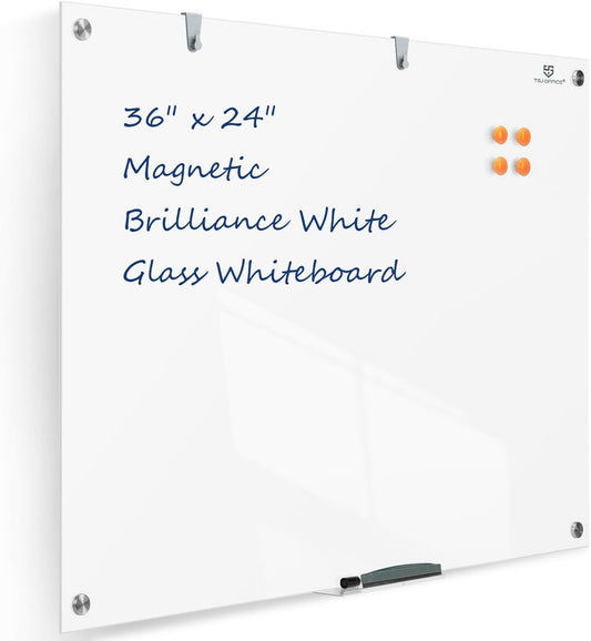 TSJ OFFICE Glass Dry-Erase Board - 36 x 24 Inches Brilliance White Magnetic Glass Whiteboard, Wall Mounted Large Frameless White Board for School, Home & Office