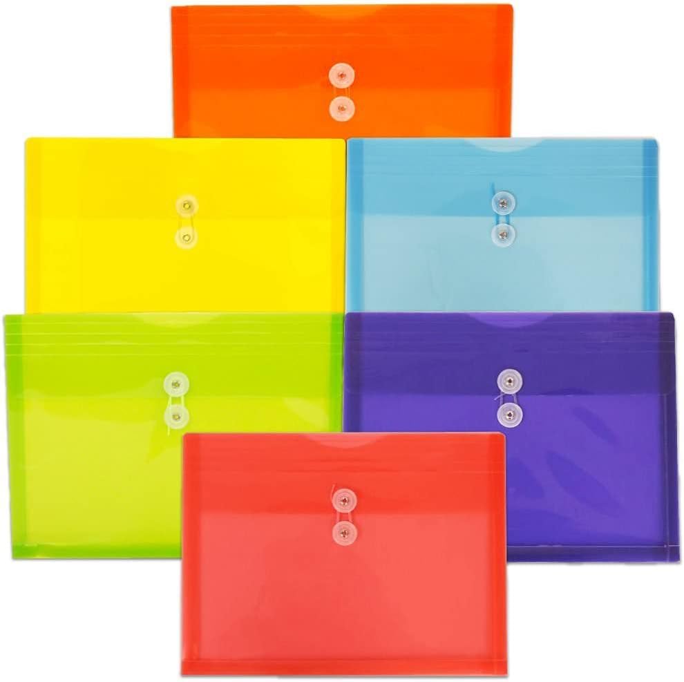 JAM PAPER Plastic Envelopes with Button & String Tie Closure - Letter Booklet - 9 3/4 x 13 - Assorted Primary Colors - 6/Pack