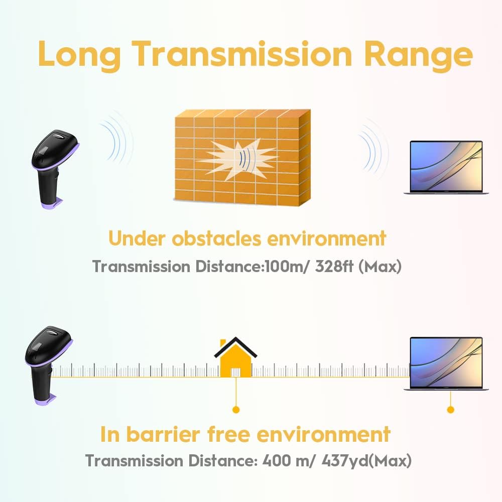 NADAMOO Wireless Barcode Scanner 328 Feet Transmission Distance USB Cordless 1D Laser Automatic Barcode Reader Handhold Bar Code Scanner with USB Receiver for Store, Supermarket, Warehouse - Violet