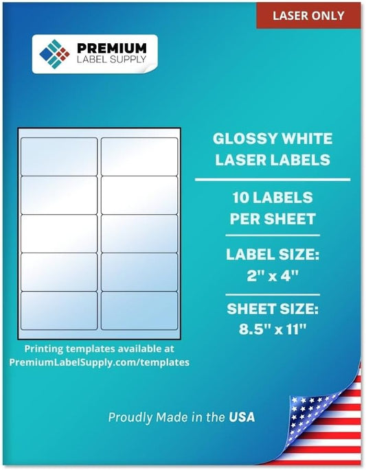 Premium Label Supply Glossy White Sticker Labels – 2" x 4" – (10 per Sheet) (Glossy White for Laser Only, 100 Labels)