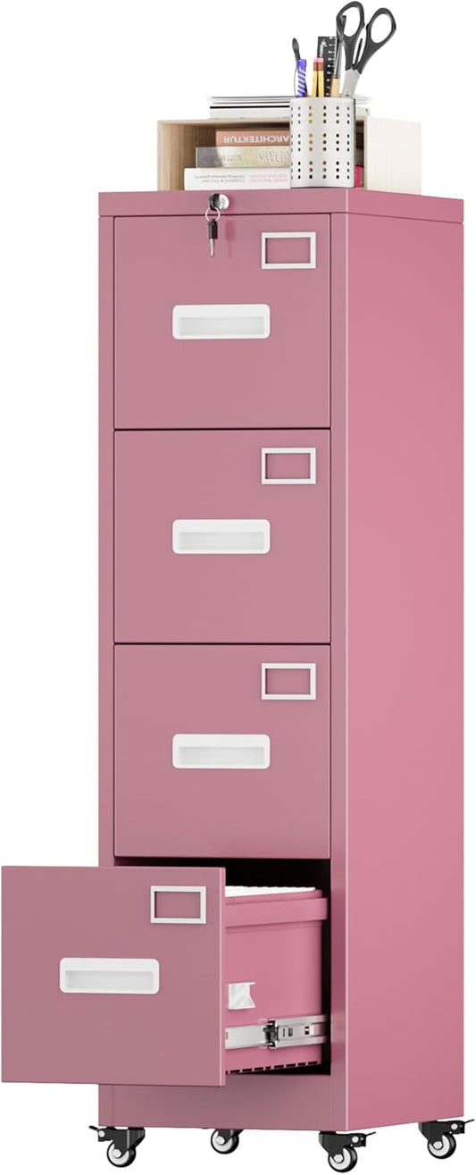 Aobabo 56" H 4 Drawer Moblie Office File Cabinet with Lock, Rolling Metal Filing Storage Cabinet, Legal/Letter A4 Size, Pink, Assembly Required