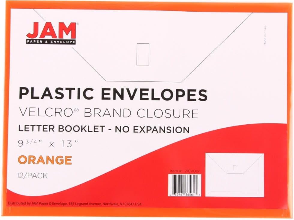JAM PAPER Plastic Envelopes with Hook & Loop Closure - Letter Booklet - 9 3/4 x 13 - Orange - 3/Pack