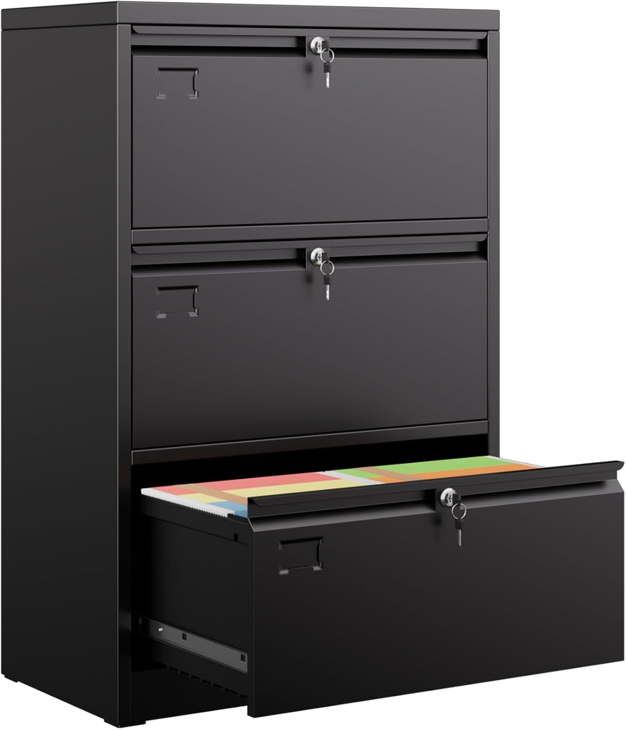 3 Drawer Lateral File Cabinet, Metal Wide Filing Cabinet with Independent Locks, Home Office Furniture for Hanging Files Letter/Legal/F4/A4 Size, Assembly Required, Black