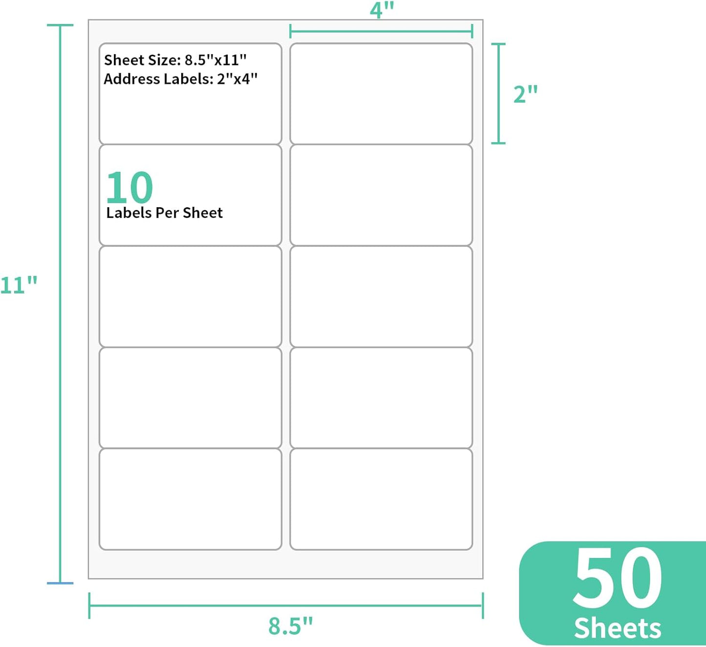 50 Sheets 10 Up Labels, 2" x 4" Sticker Printer Paper for Laser/Inkjet Printer, Mailing Blank Labels, Self Adhesive Customized Stickers