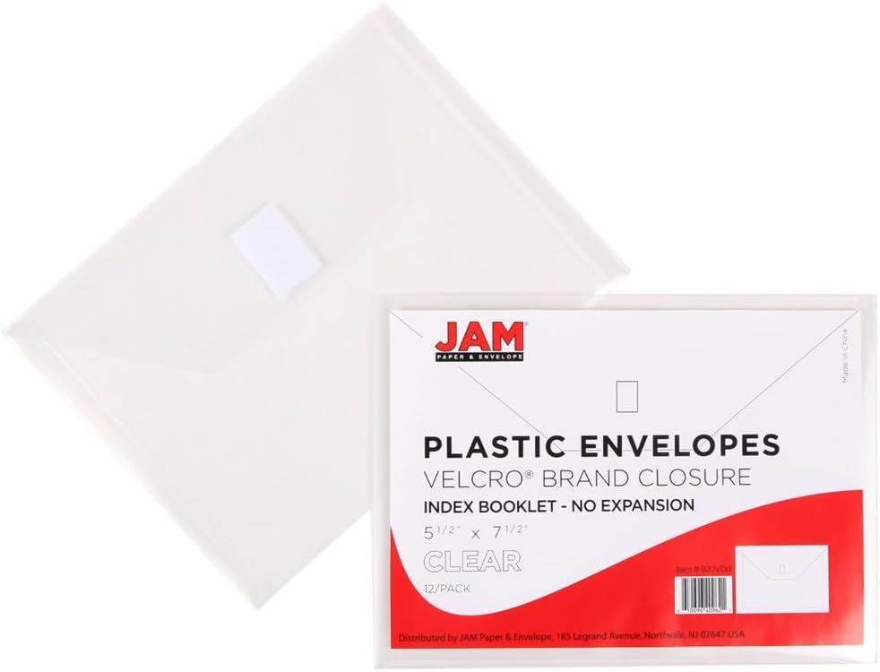 JAM PAPER Plastic Envelopes with Hook & Loop Closure - Index - 5 1/2 x 7 1/2 - Clear - 12/Pack