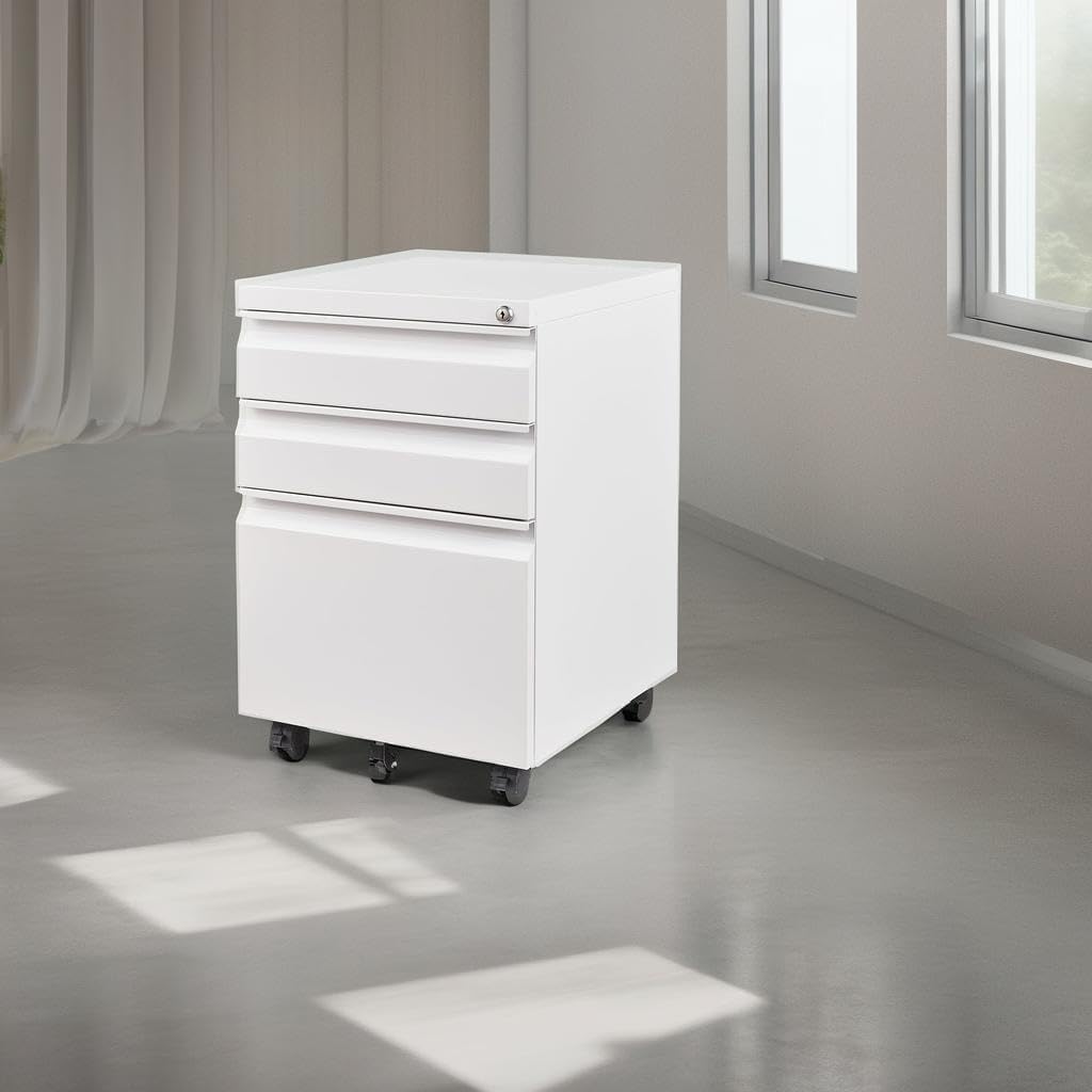 Letaya 3 Drawer Mobile File Cabinet with Lock, Under Desk Metal Filing Cabinets for Home Office Organizer Letters/Legal/A4(Fully Assembled-White)