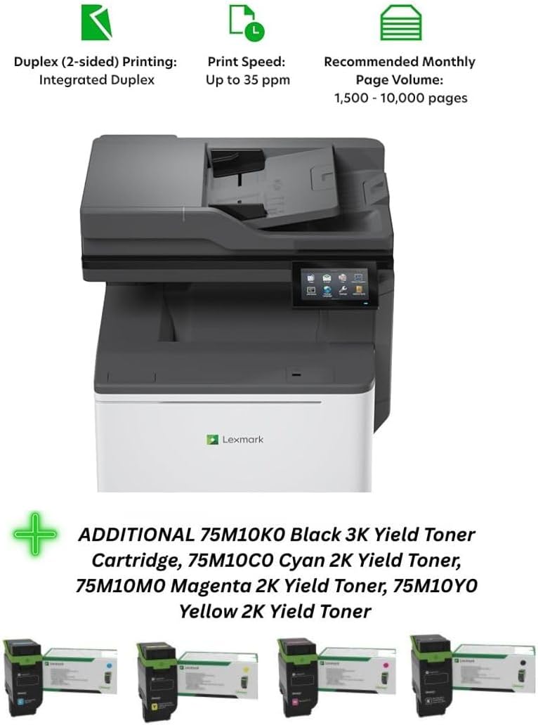Lexmark CX532adwe Color Laser Wireless All-in-One (50M7040) Bundle with 75M10K0 Blk 3K Yield Toner, 75M10C0 Cyan 2K Yield Toner, 75M10M0 Magenta 2K Yield Toner, 75M10Y0 Yellow 2K Yield Toner