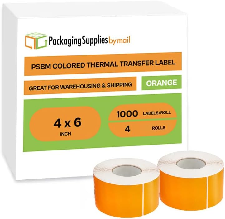 PSBM Thermal Transfer Labels, Orange, 4x6 Inch, 4 Rolls, 1000 Labels/Roll, 3 Inch Core, Perforated, Must Have Thermal Ribbon (Not Included)
