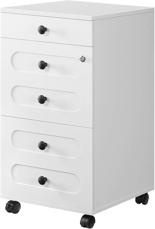 HOOBRO 3 Drawer File Cabinet with Lock, Wooden Farmhouse Office Storage Cabinet, Under Desk Mobile Filing Cabinet fits Letter / A4 Size for Home Office, Modern Rolling Printer Cart, White WT32WJ01