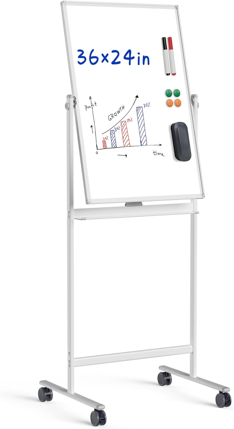Rolling Whiteboard/w Height Adjustable, Mifuro 24 X 36 Large Portable Dry Erase Board with Stand and Wheels for Office,Classroom &School, White