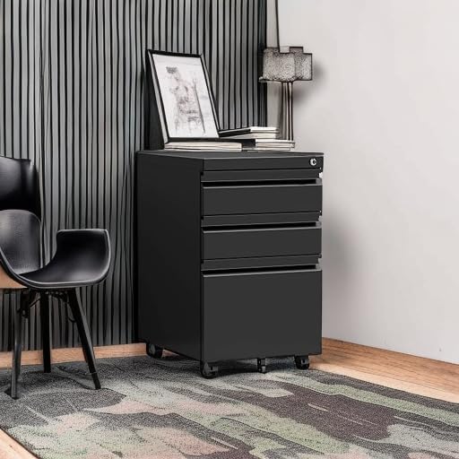 STANI 3 Drawer Mobile File Cabinet with Lock Under Desk Metal Filing Cabinet Locking Office Mobile Cabinet with Wheels Under Desk Office Drawers Rolling Mobile File Cabinet Assembly Required Black