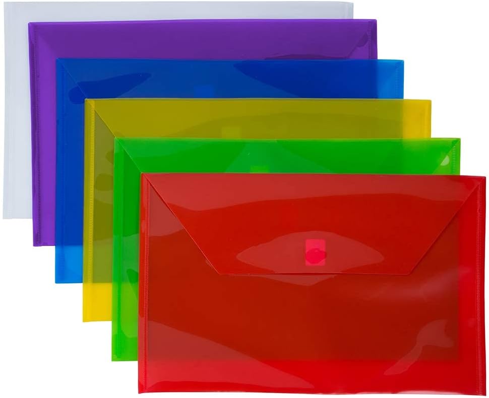 JAM PAPER Plastic Envelopes with Hook & Loop Closure - Legal Booklet - 9 3/4 x 14 1/2 - Assorted Colors - 6/Pack