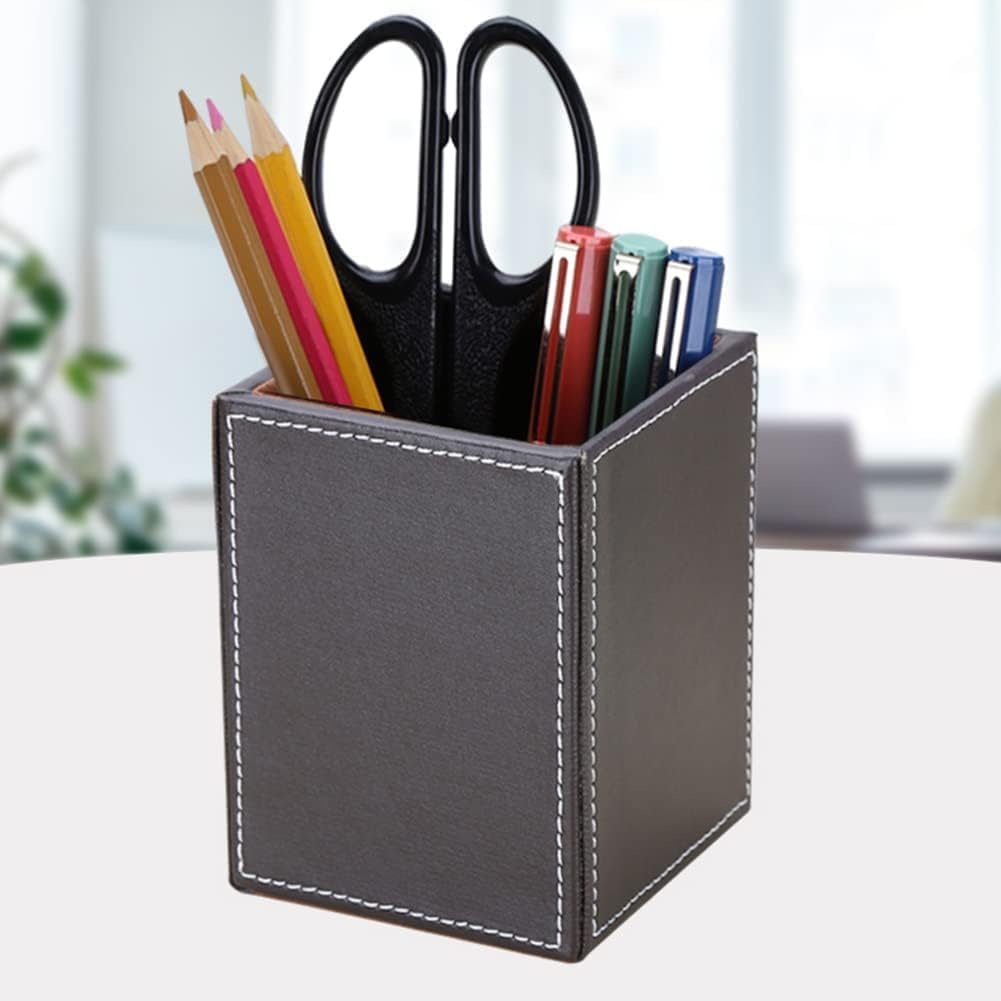 KINGFOM 3PCS/SET Desk Organizers and Accessories, Pu Leather Office Supplies Organization Set with Tissue Holder, Pencil Holder and Business Name Cards Stand Brown