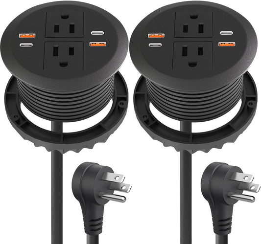 2pcs Desktop Power Grommet,Dual PD20W USB C,40W Total Output,4 USB Ports,Flush Mounted for 3-1/8" Desk Grommet Holes,Round Recessed Outlet,ETL-Certified,Flat Plug,6.4 ft,Black