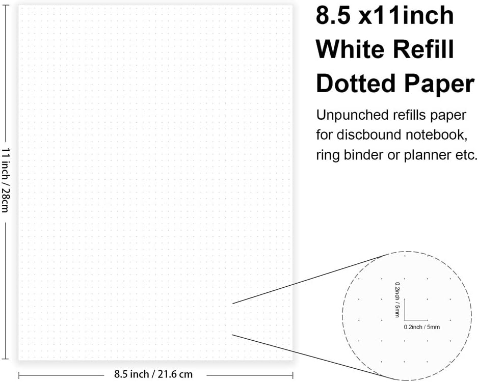 Unpunched Refills Paper, Letter Size Loose Leaf Paper for Ring Binder/Discbound Notebook Planner Inserts, 100 Sheets/200 Pages, White, Dot Grid, 8.5 X 11 Inch