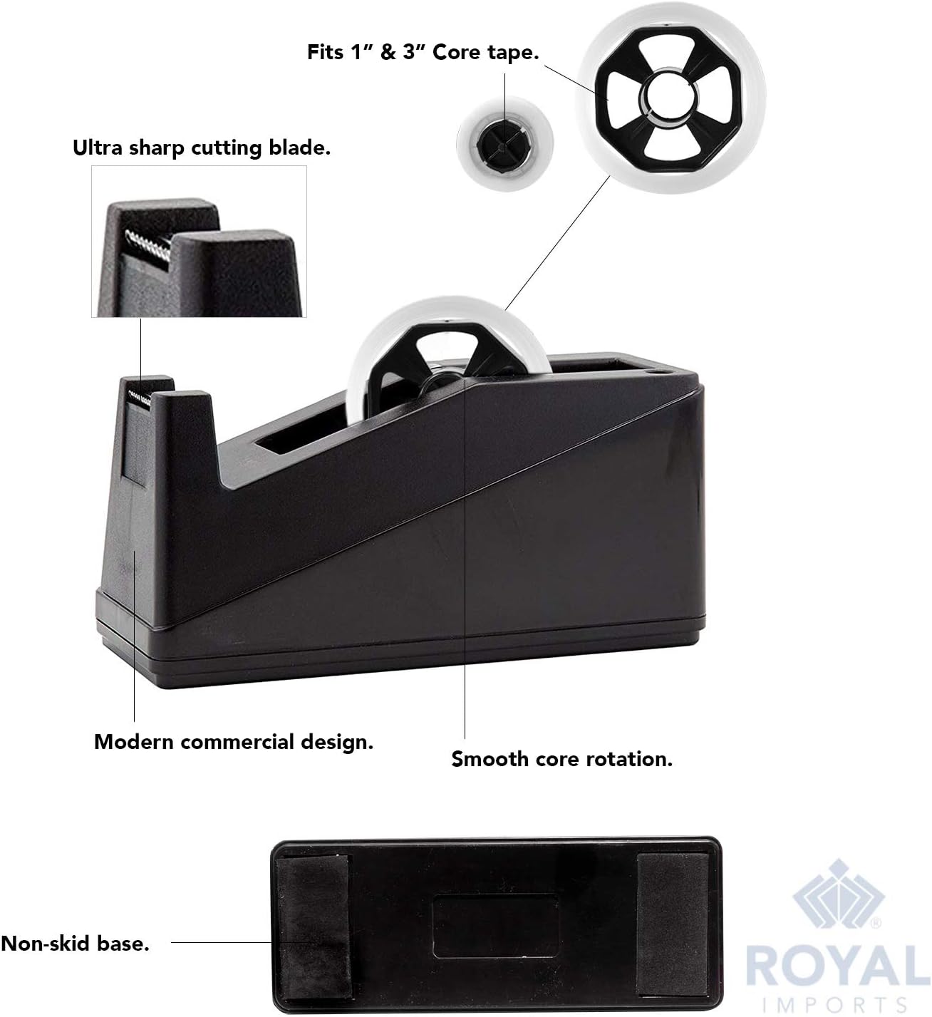 Royal Imports Desktop Tape Dispenser Adhesive Roll Holder (Fits 1" & 3" Core) Heavy Duty Premium for Office, Home, School, Library, Crafts, Moving, Giftwrapping with Weighted Nonskid Base, Black