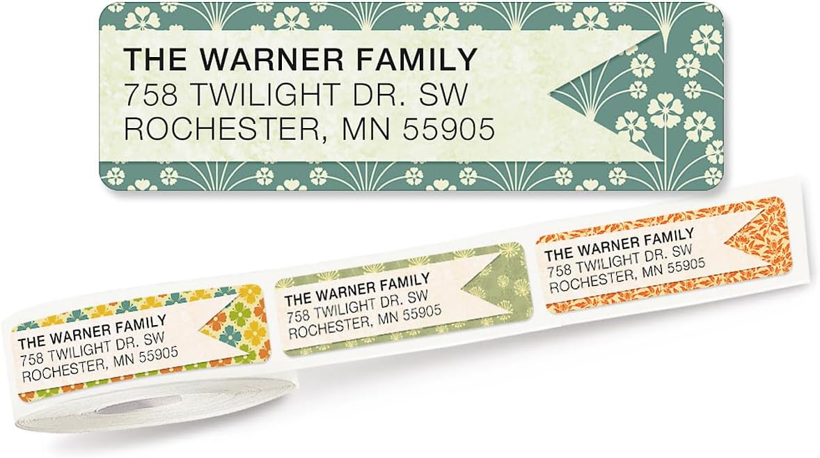 Blossom Banner Rolled Personalized Return Address Mailing Labels with Dispenser, Set of 250, 5 Designs, Small ¾ x 2½ Inch Size, Custom Self-Adhesive Sticker Roll, by Colorful Images