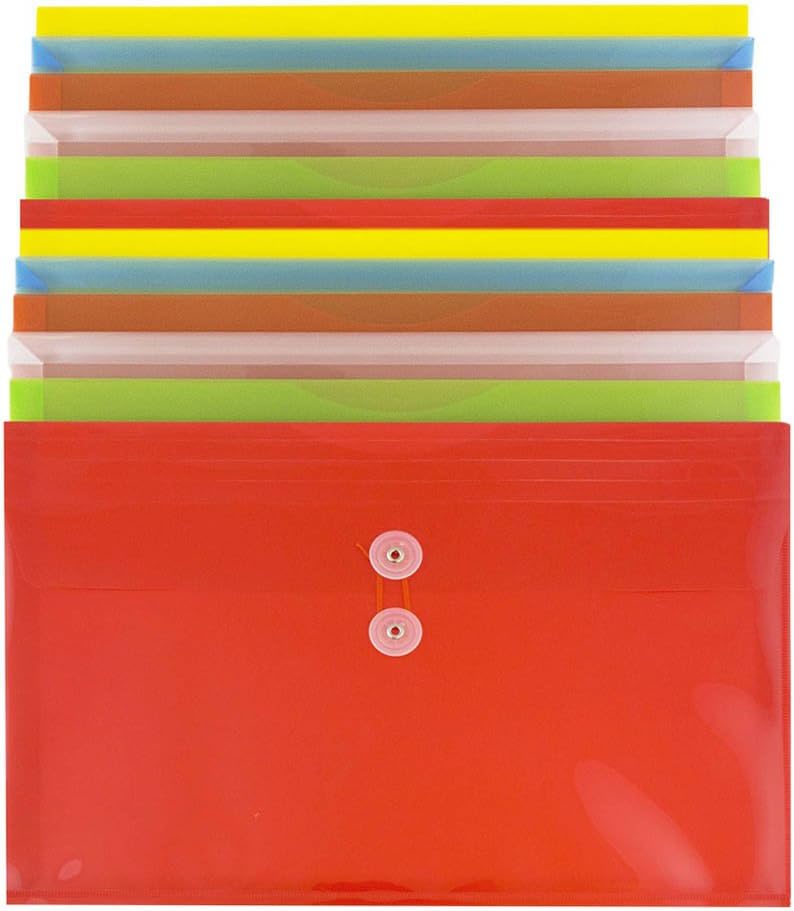 JAM PAPER Plastic Envelopes with Button & String Tie Closure - Legal Booklet - 9 3/4 x 14 1/2 - Assorted Primary Colors - 12/Pack