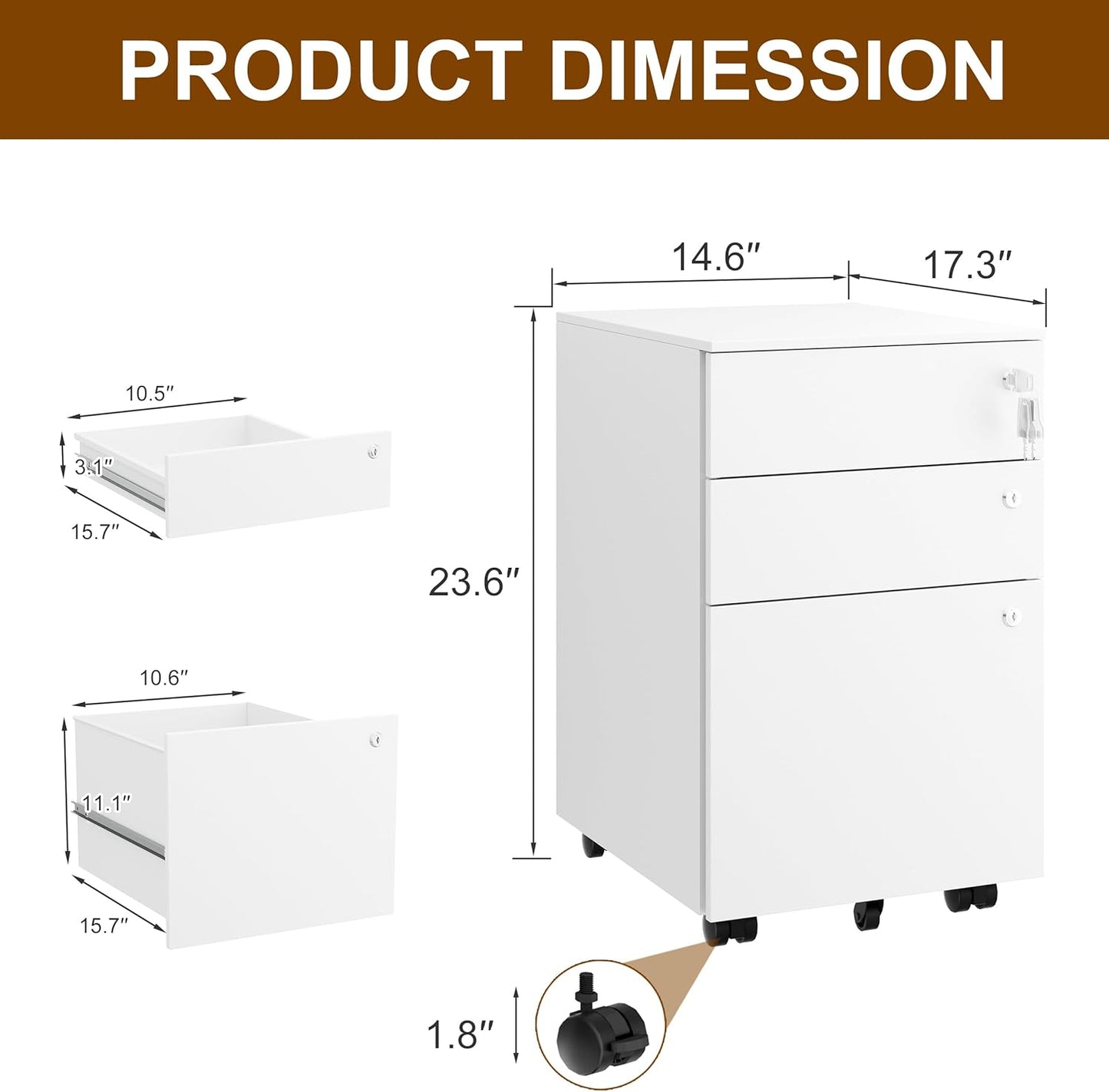 Mobile File Cabinet with 3 Locks, 3 Drawer File Cabinets for Home Office, Under Desk Metal Filing Cabinet for A4/Letter/Legal, Lockable, Fully Assembled Except castors, White