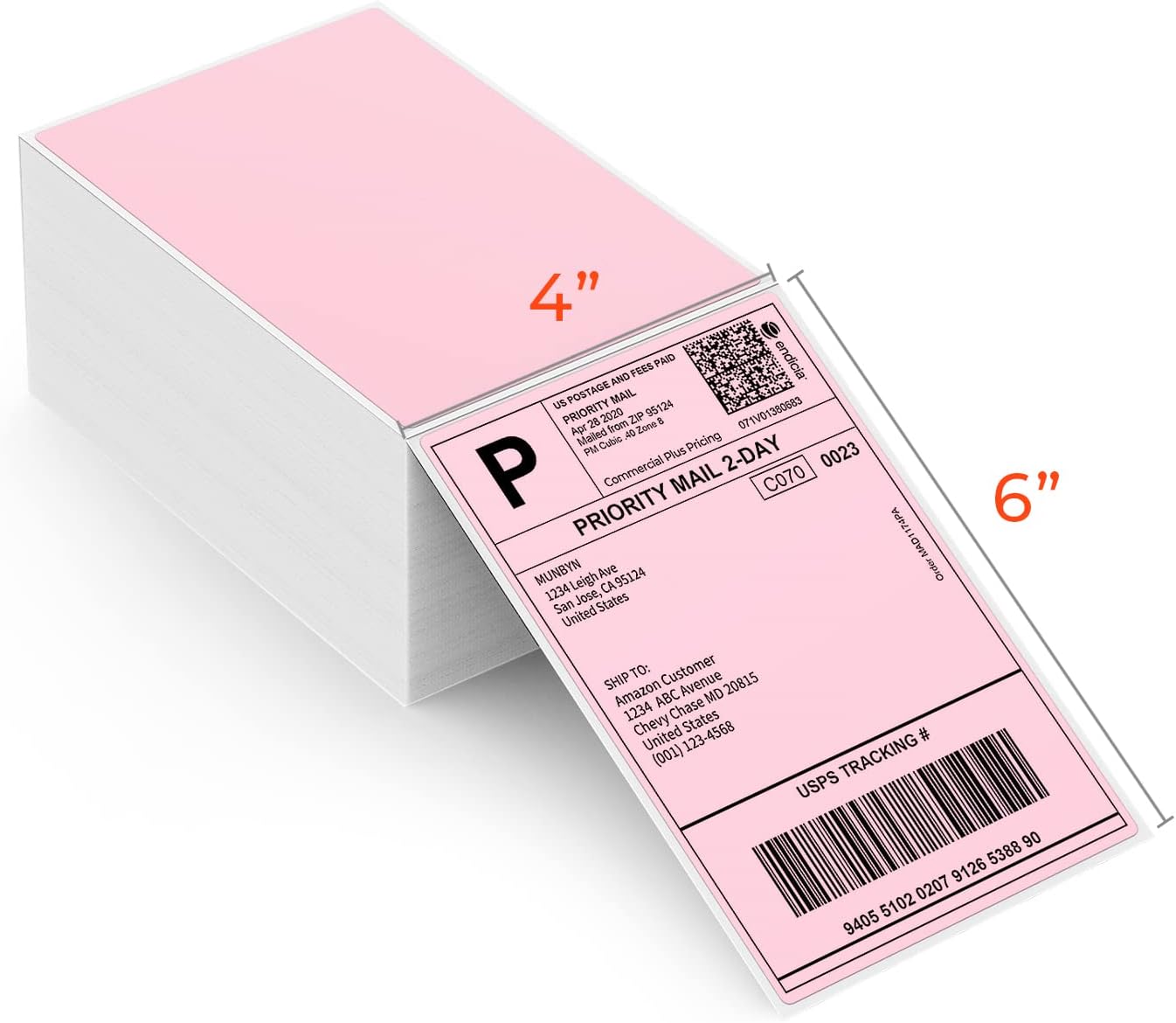 MUNBYN 4"x6" Pink Direct Thermal Shipping Labels, Commercial Grade Permanent Adhesive Fanfold Mailing Postage Label Paper for Thermal Printers and Packages, 500 Sheets per Stack