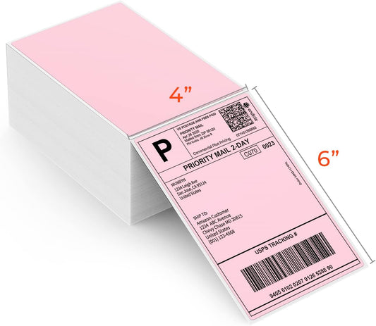 MUNBYN 4"x6" Pink Direct Thermal Shipping Labels, Commercial Grade Permanent Adhesive Fanfold Mailing Postage Label Paper for Thermal Printers and Packages, 500 Sheets per Stack