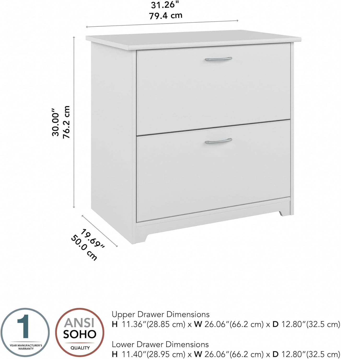 Bush Furniture Cabot 2 Drawer Lateral File Cabinet in White, Home Office Chest for Letter, Legal, and A4-size Document Storage