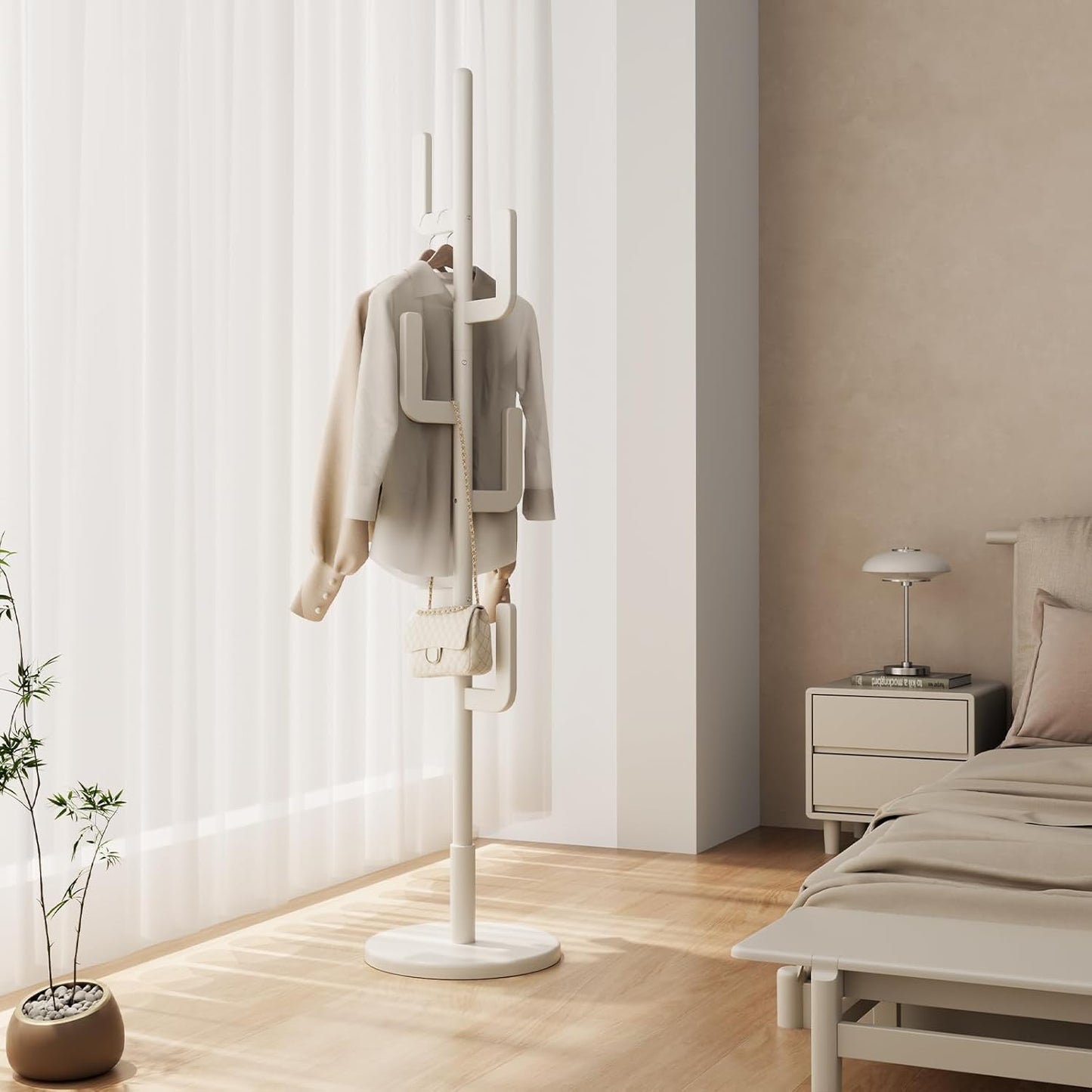 Solid Wood Cactus Coat Rack, Freestanding Coat Rack With 6 L-Shaped Hooks and 3 Adjustable Sizes, Coat Tree for Bedroom, Entryway, Livingroom, Coat Hanger Stand for Coats, Handbags (White)