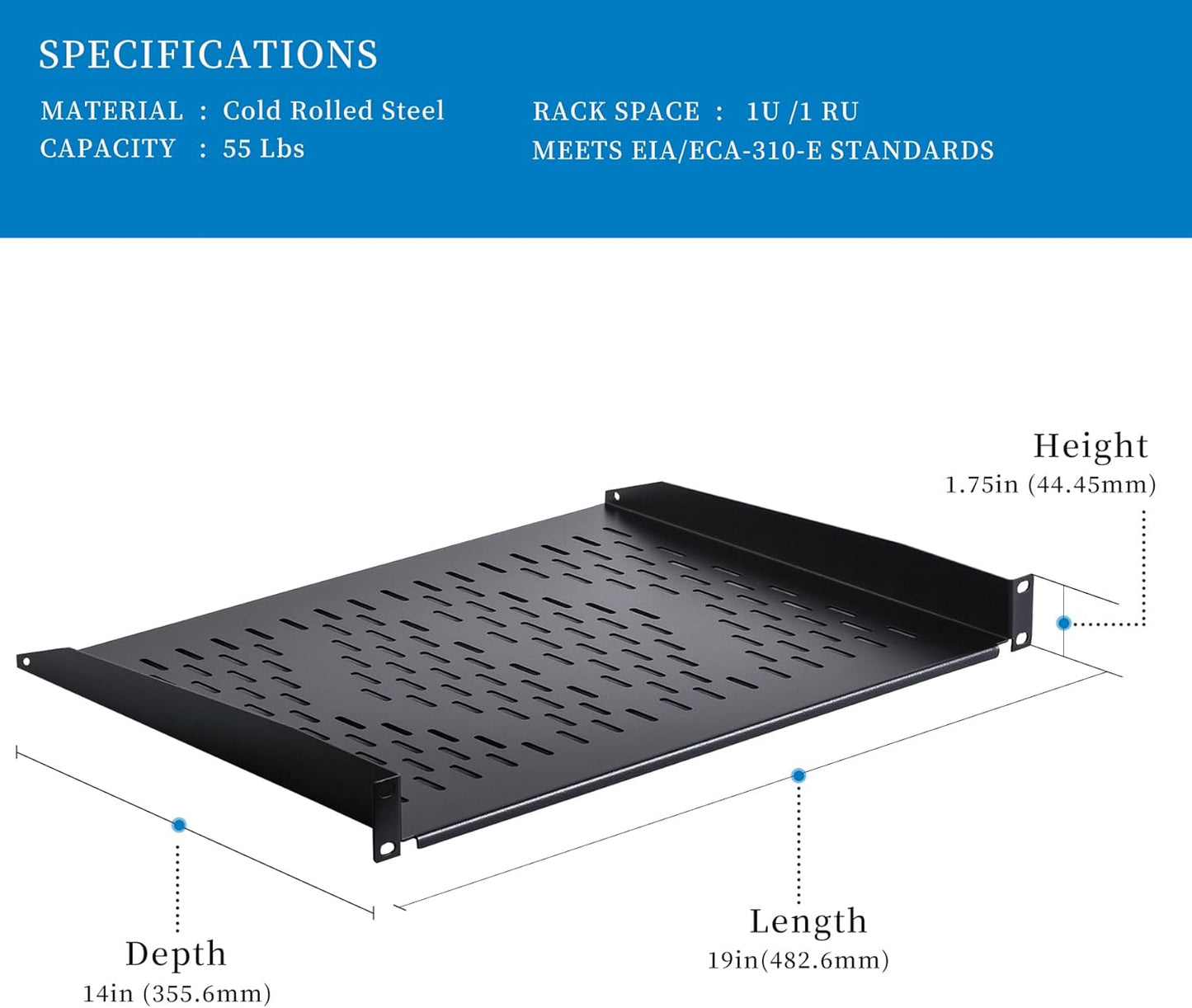 RackPath 1U Cantilever Universal Rack Shelf - 14in Deep – Rackmount Shelf for 19’’ AV/Network Equipment Racks – 55lbs Capacity - 2Pack