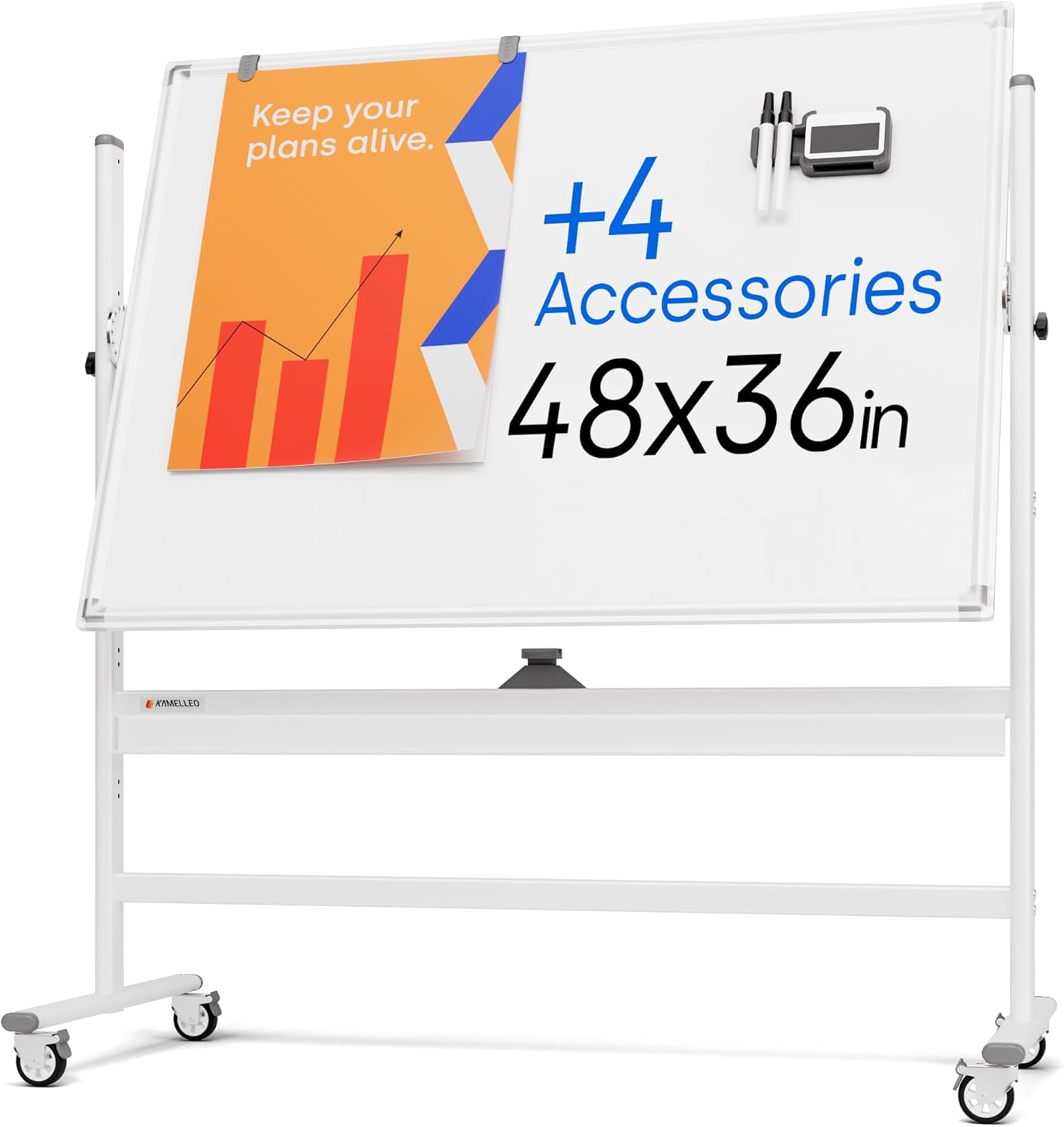 Rolling Dry Erase Board 48 x 36 - Large Portable Magnetic Whiteboard with Stand - Double Sided Easel Style Whiteboard with Wheels - Mobile Standing White Board for Office, Classroom & Home