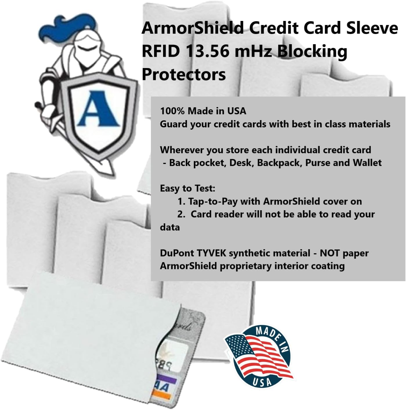 Semper Paratus Gear TYVEK Credit Card Sleeve Protector 100% MADE IN USA Anti-theft for Travel wallet, purse. RFID Blocking Protect debit, credit card, IDs. ArmorShield Your Identity (50PAK)