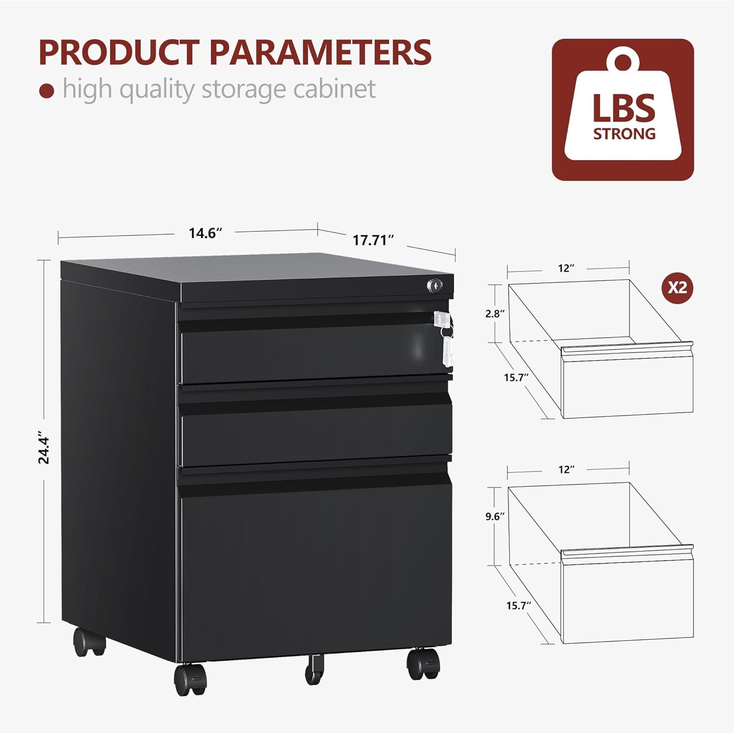 3 Drawer File Cabinet，Mobile Filing Cabinet with Lock and Wheels，Un-Assembled Metal Under Desk File Cabinets for A4/Letter/Legal Size（Black