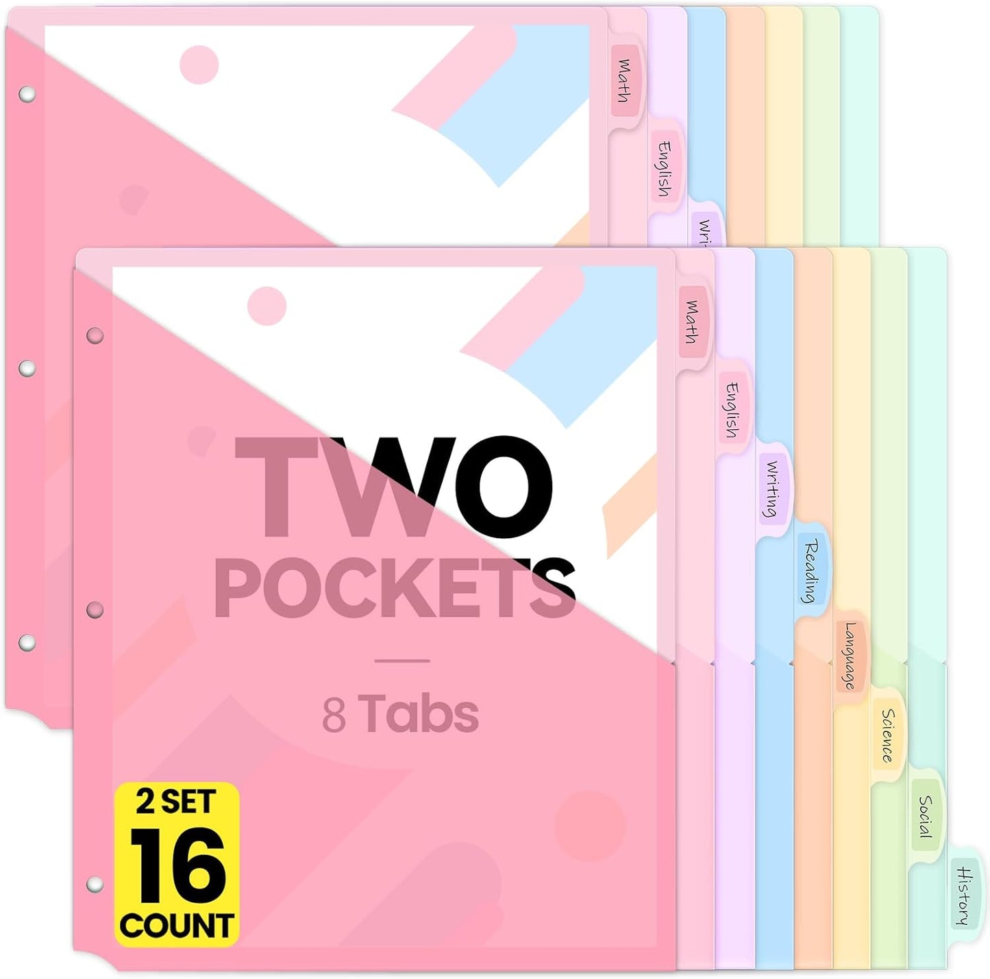 Sooez 16 Count Dividers with 2 Pockets, 8 Tabs Binder Dividers for 3 Ring Binders, Binder Dividers with tabs, Binder Divider with Pockets for US Letter Size, Insertable Big Tabs, Pastels, 2 Sets