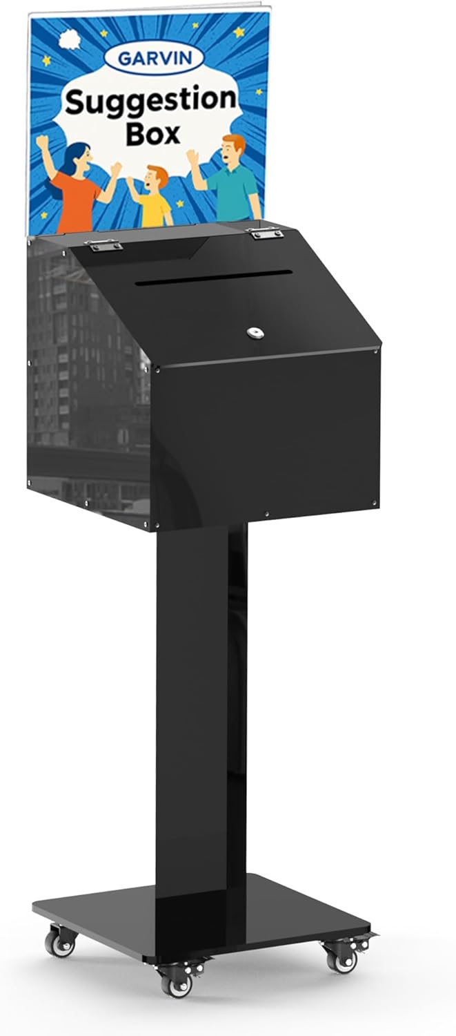 GARVIN Acrylic Suggestion Box with Lock and Key for Voting, Charity, Church & Event Fundraising, Collection Offering/Raffle Ballot Box with Sign Holder Display Stand, Locking Casters, Black