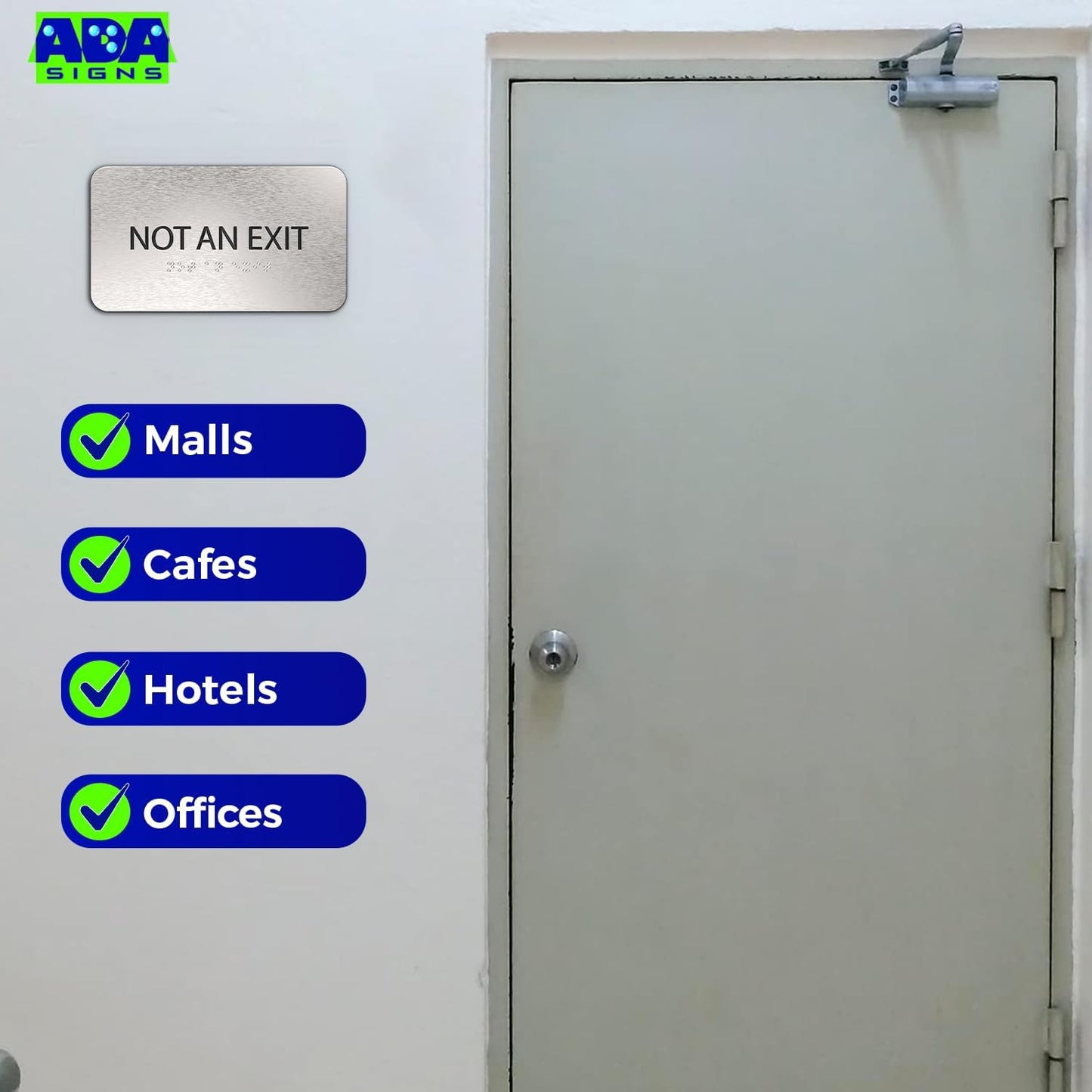 Not An Exit Sign for Business - Office Signs, Aluminum Brushed Silver, Tamper-Proof, Heavy Duty Mounting Tape, Easy Install, Office Décor, ADA Compliant, Grade 2 Braille (7” W x 4” H) ADASigns.org