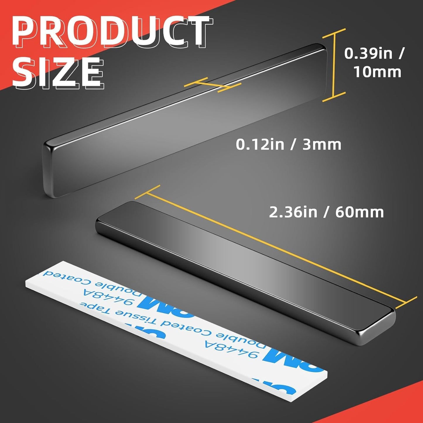 Grtard 24 Pack Strong Neodymium Bar Magnets Heavy Duty, Powerful Permanent Rare Earth Magnets with Double-Sided Adhesive, Super Strong Magnets Bar for Kitchen, Fridge, DIY, Craft, Garage - 60x10x3mm