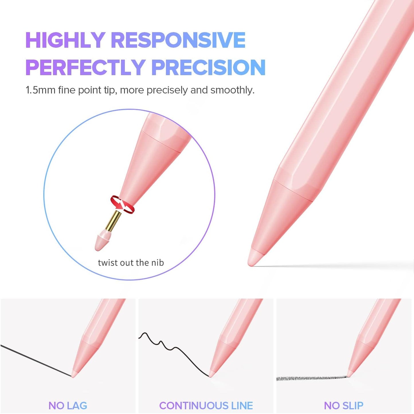 Stylus Pen for iPad 6th-11th Generation-2X Fast Charge Active Pencil Compatible with 2018-2025 Apple iPad Pro 11"/12.9"/M4, iPad Air 3/4/5/M2/M3,iPad mini 5/6 Gen-Pink