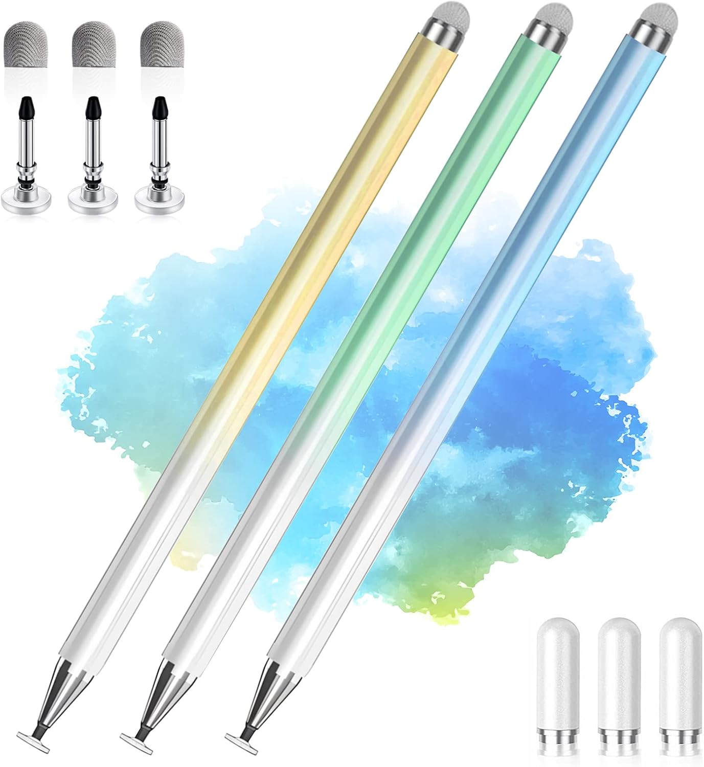 Stylus Pens for Touch Screens, 2 in 1 High Precision Universal Stylus Pen for iPad Compatible with Apple, iPhone, iPad, Android, Samsung Tablets, Phones, 3 Pack-Blue, Green, Yellow