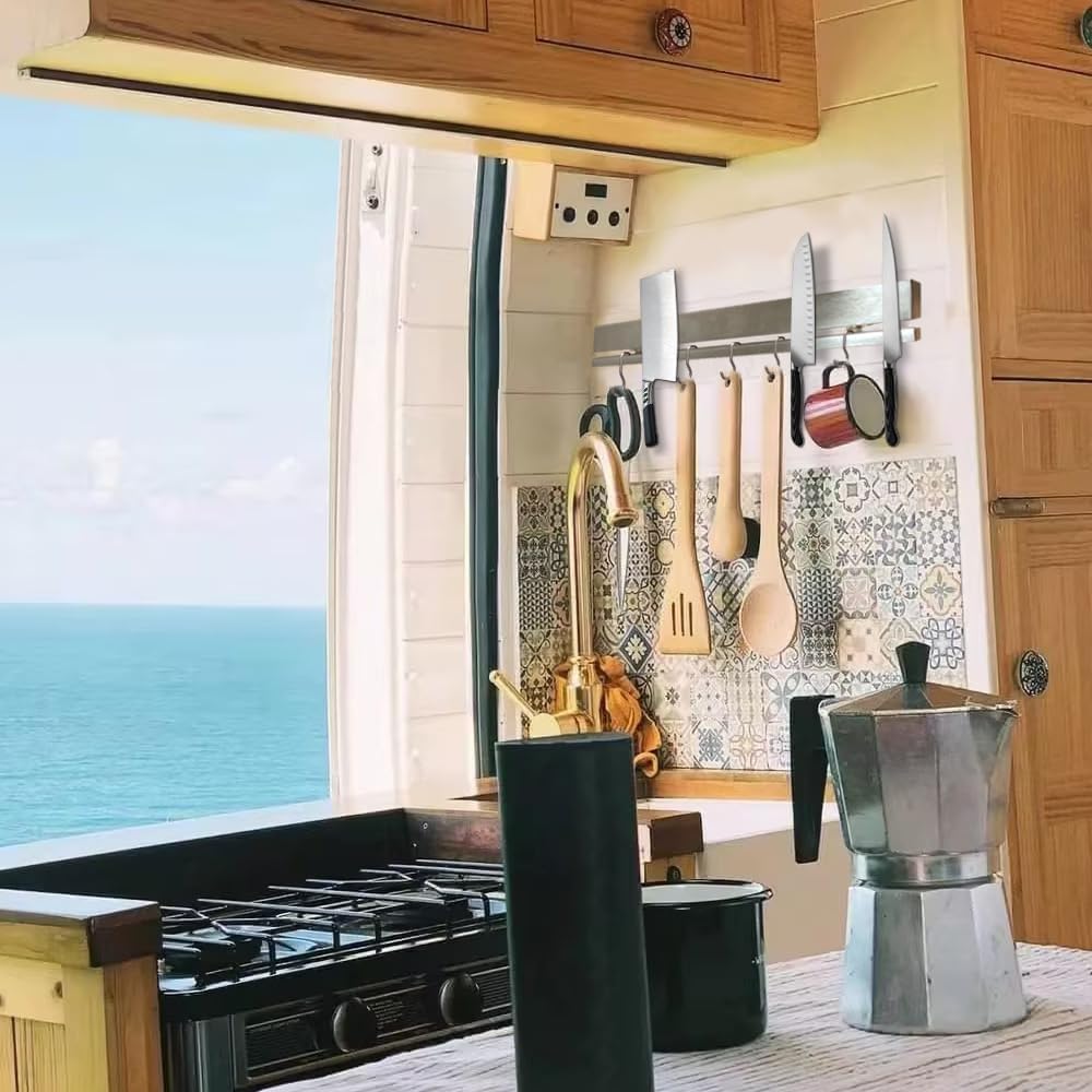 YIIYIIN 12" Premium 304 Stainless Steel Double-Sided Magnetic Knife Holder for Wall or Fridge -with Adhesive Strip, No Drill -6 Hooks Included for Kitchen Utensils