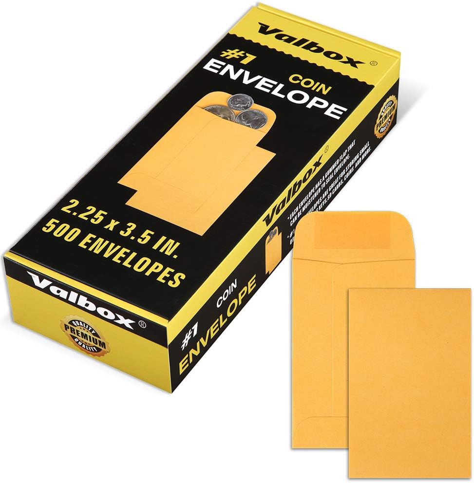 ValBox Coin Envelopes Small Parts Envelope with Gummed Flap for Home, Garden or Office Use, Kraft Seed Envelopes 500 per Box (Brown, 1 (2.25x3.5 Inches))
