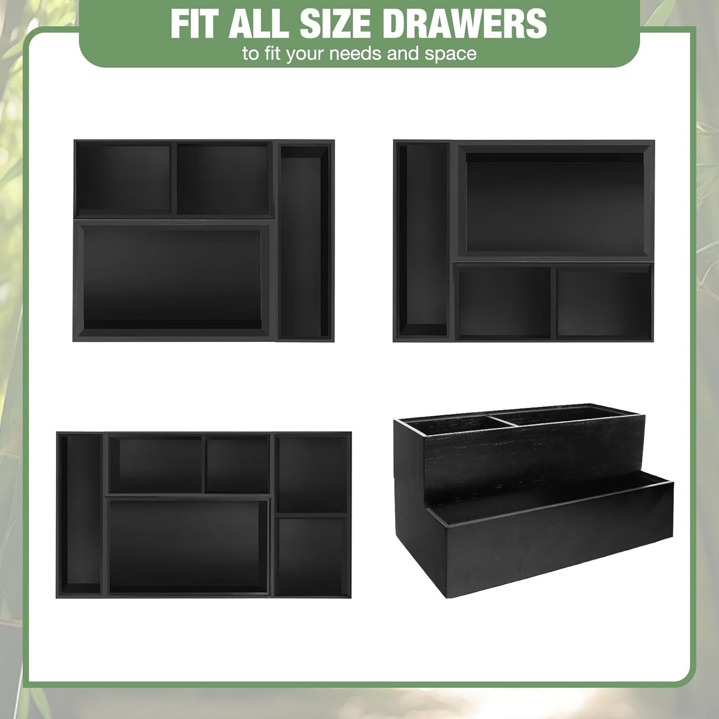 Bamboo Drawer Organizer, 5-Piece Silverware & Kitchen Organizer Set with Removable Dividers for Kitchen, Utensils, Bathroom, Office, Makeup (Black)