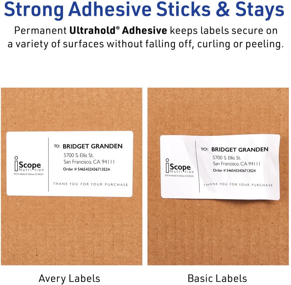 Avery Waterproof Sticker Labels for Printer - 1"x2-5/8" Mailing Labels, Ultrahold Permanent Adhesive, Laser Printers, 15,000 Printable Avery Address Label Sheets (95520)