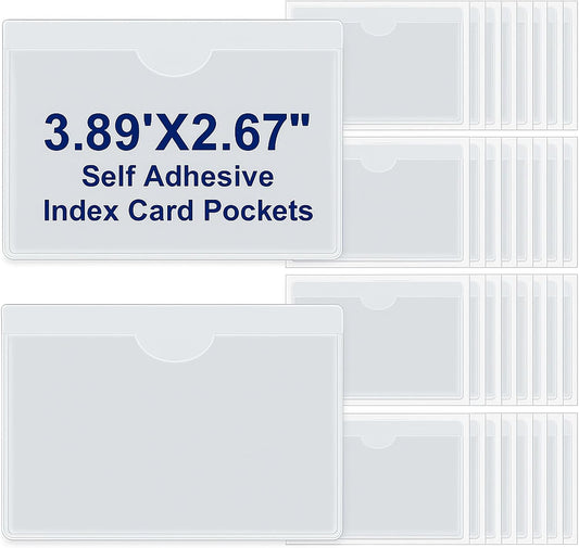 Chinco 30 Pcs Self Adhesive Pockets, Bin Labels for Storage Bins, Clear Pocket Label Sleeves, Plastic Index Card Holder with Top Open for Organizing Bins Box Drawer (3.89 x 2.67 Inch)