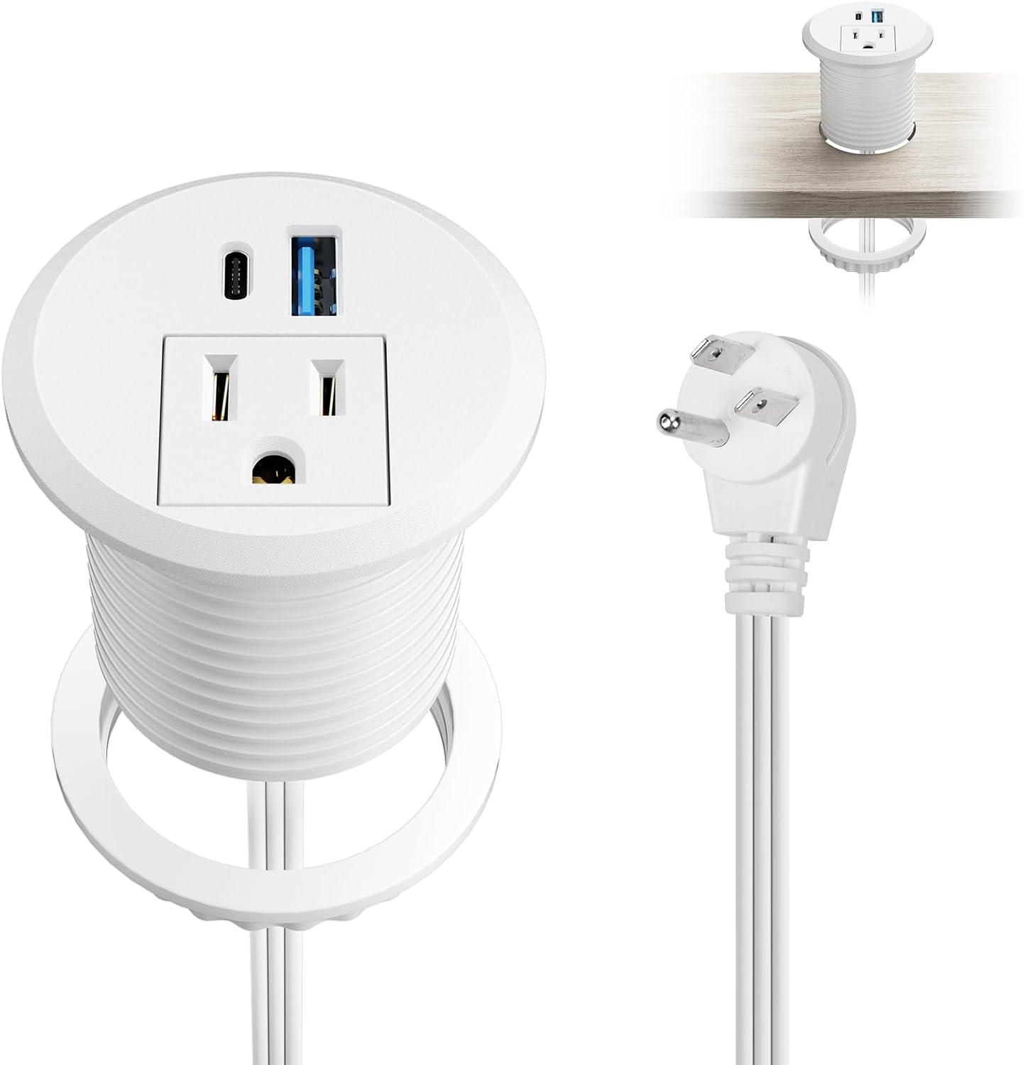 XBA 2inch Desktop Power Grommet, Recessed Power Strip with PD 20W USB C, AC Outlet and 18W USB A Charging Port, Hidden Desk Power Outlets with 6FT Extension Cords for Office, Home, Conference(White)